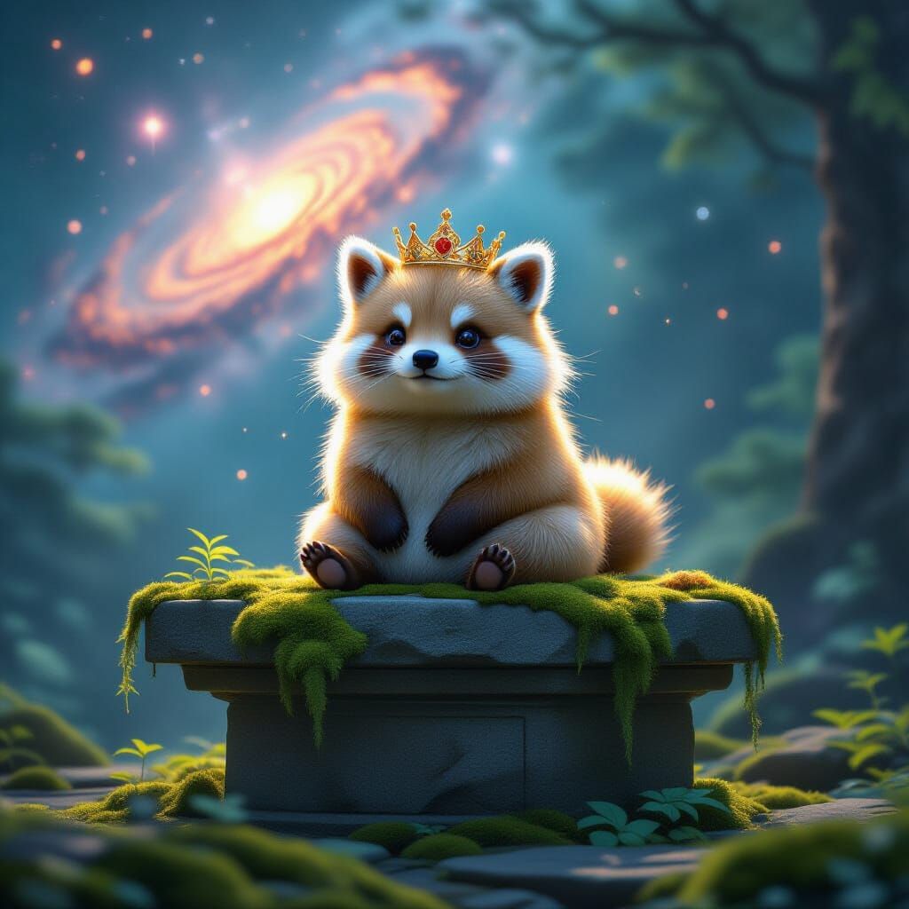 Fluffy Tanuki with Crown on Ancient Altar
