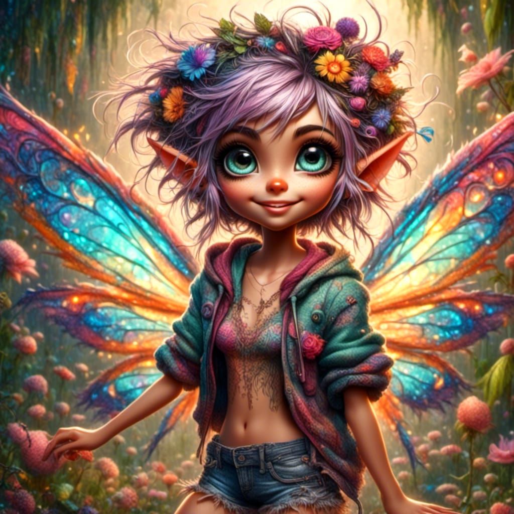 Hyperrealistic Fairy with Vibrant Wings and Mischievous Smil...