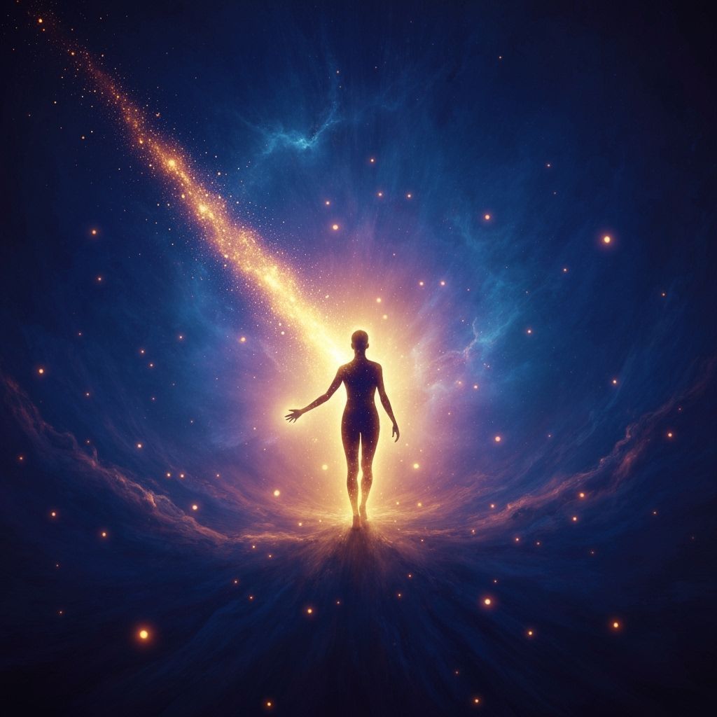 Cosmic Figure Reaching for Darkness in Ethereal Light