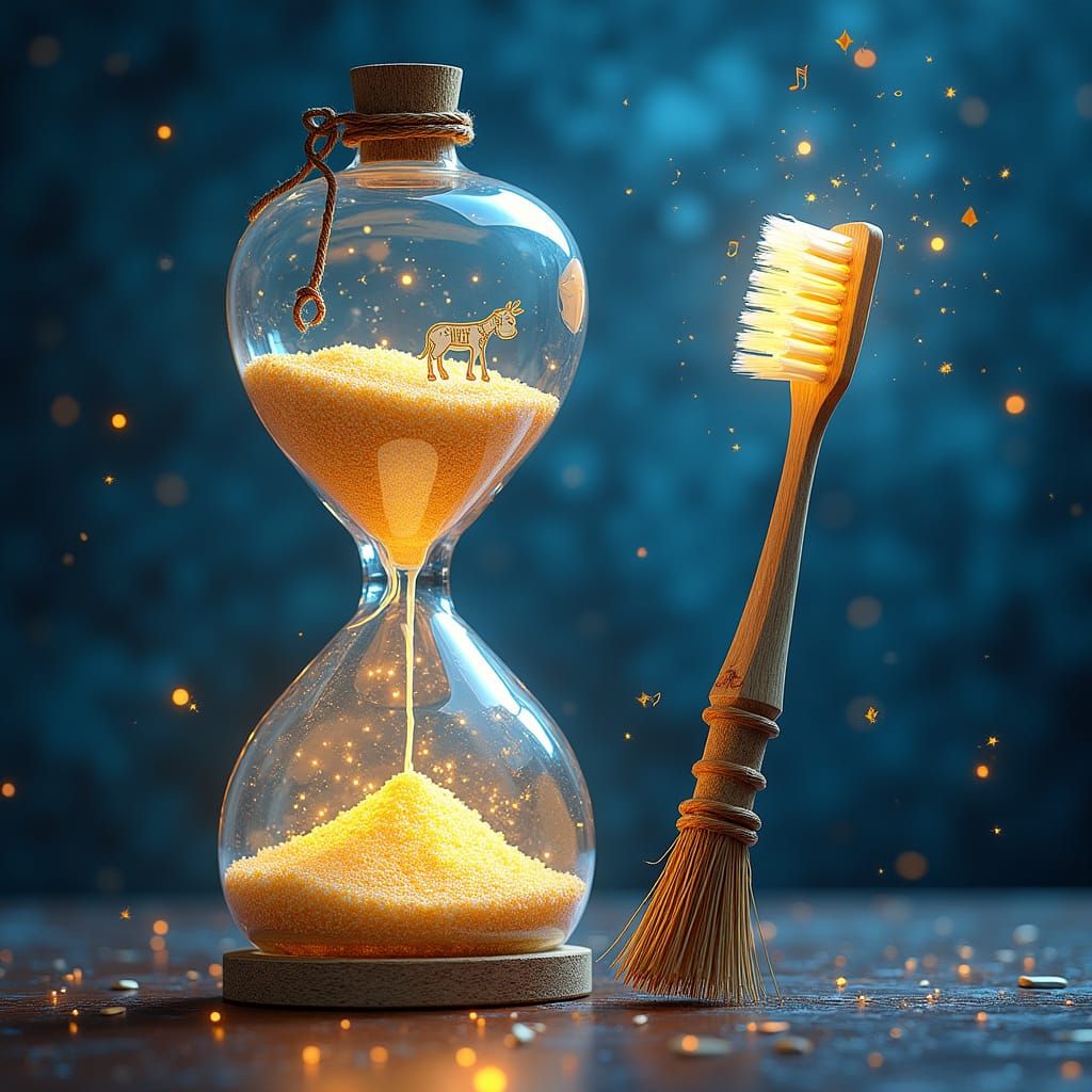 Whimsical, Hyperrealistic Scene with Glowing Hourglass Tooth...