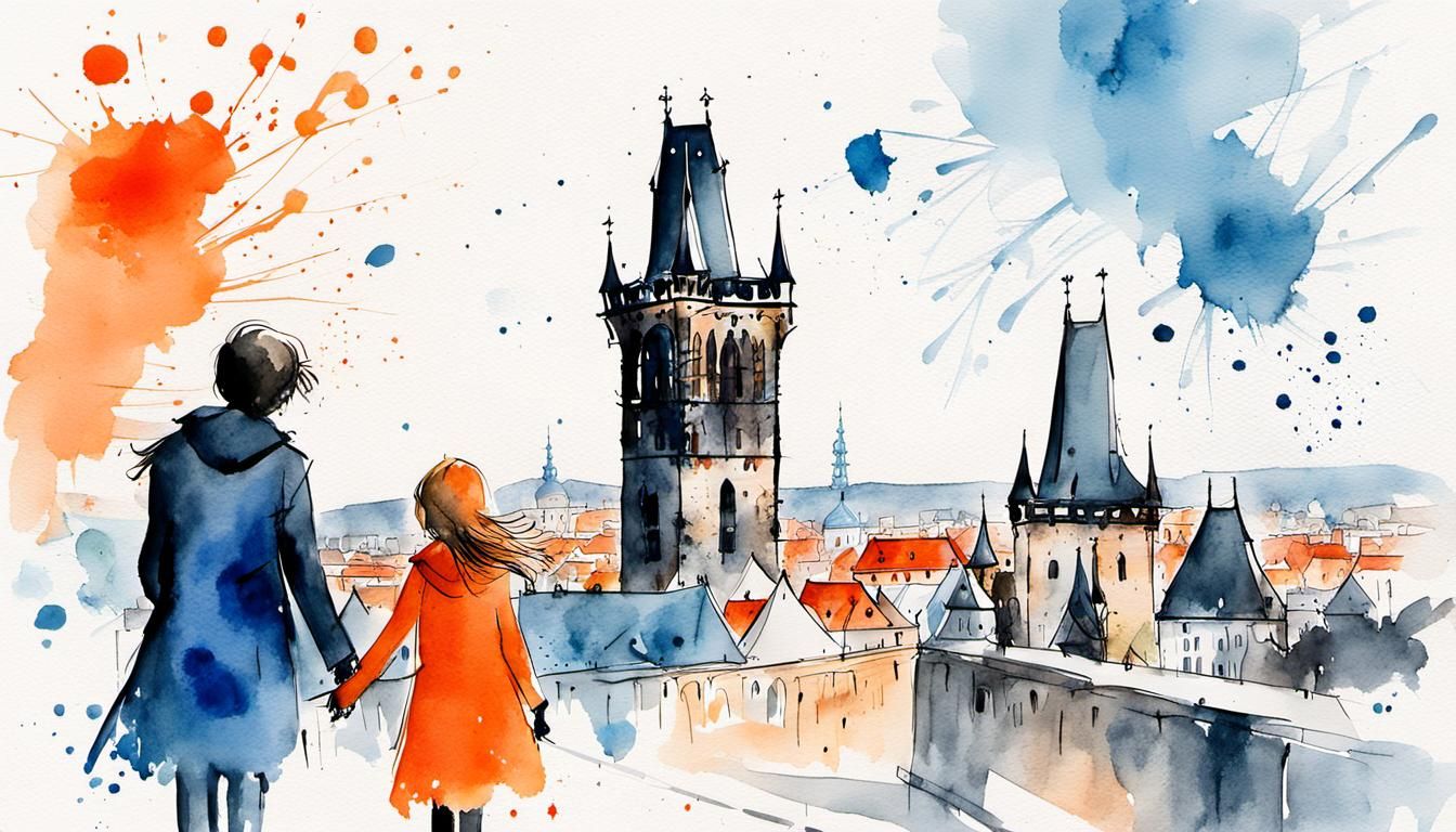 Romantic Prague Scene in Quentin Blake Style