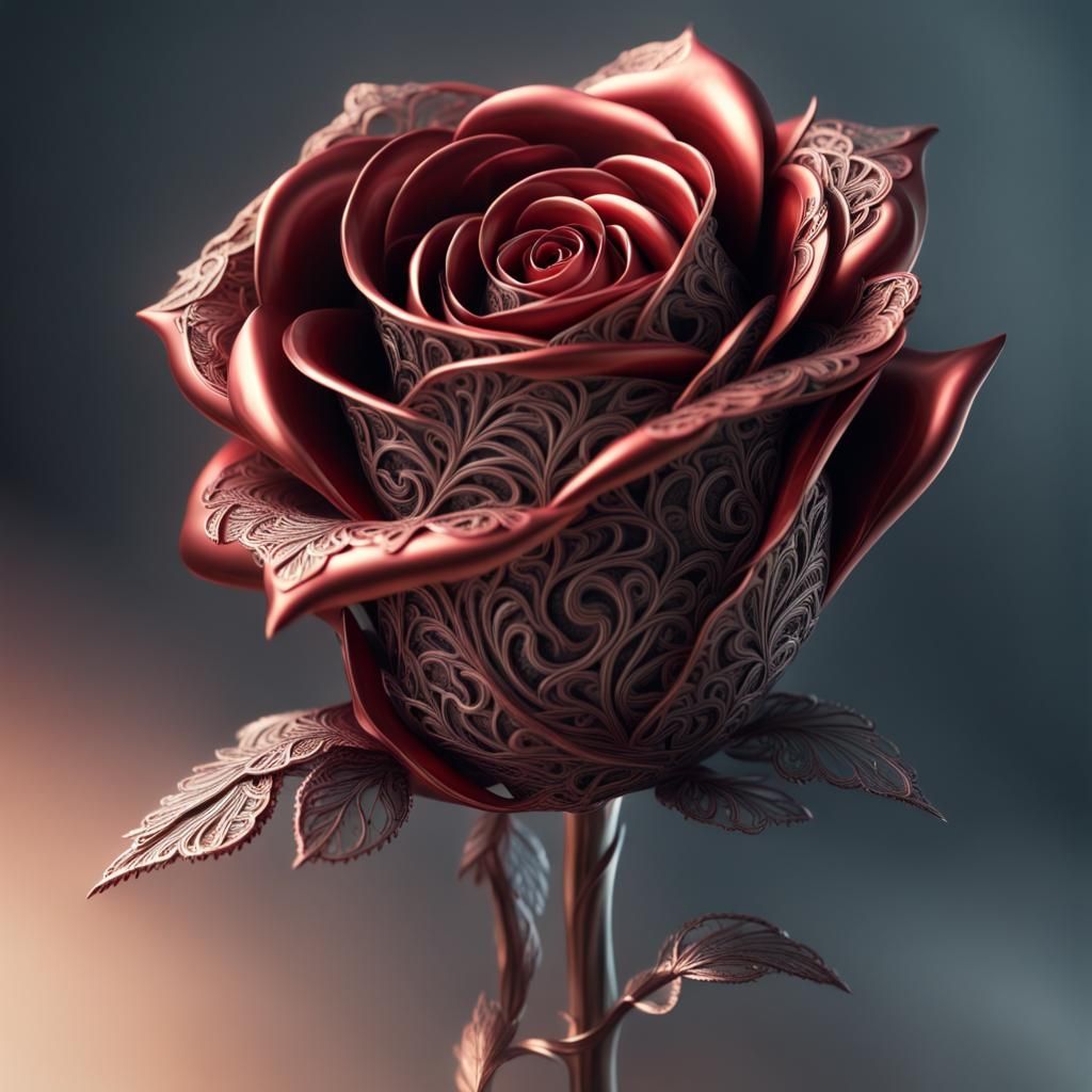 Detailed Metal Rose with Red Lace Filigree