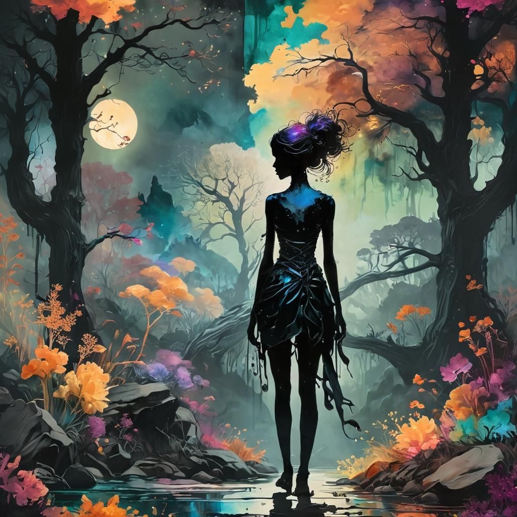 Pre-Raphaelite Silhouette in Grimdark Landscape