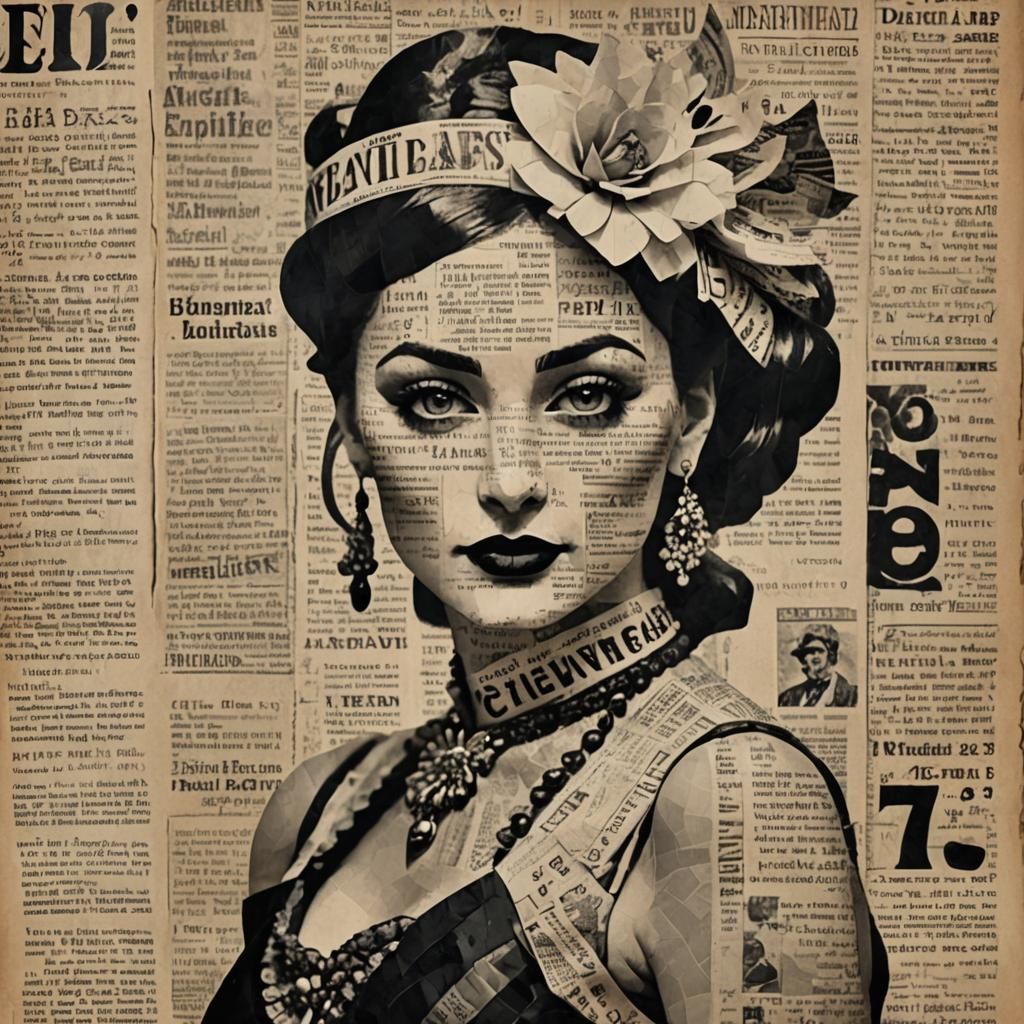 Cabaret Girl Portrait in Newspaper Collage Style