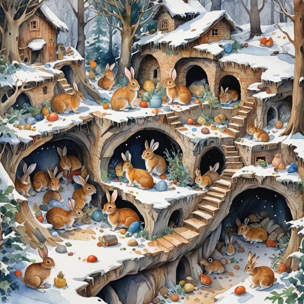Whimsical Winter Rabbit Burrow Watercolor