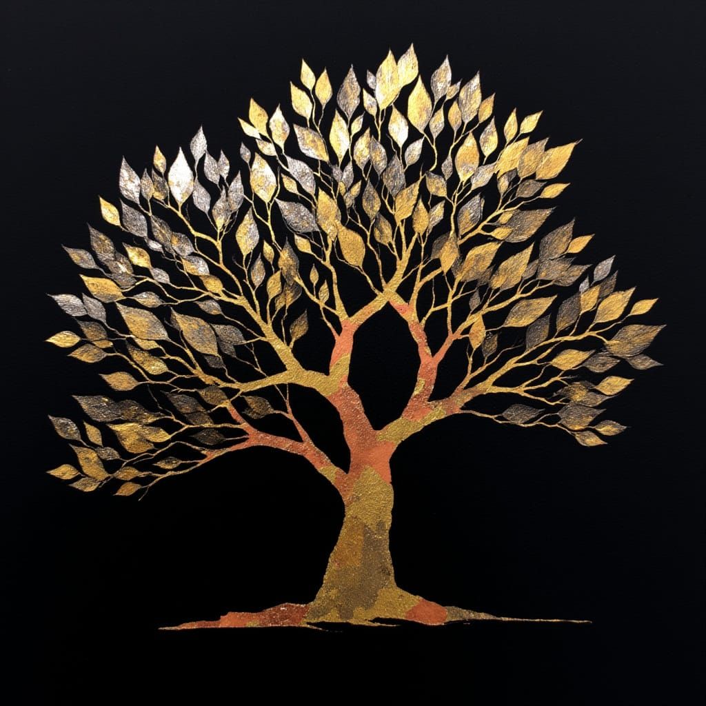 Elegant Tree Silhouette with Gold, Silver, Copper Accents