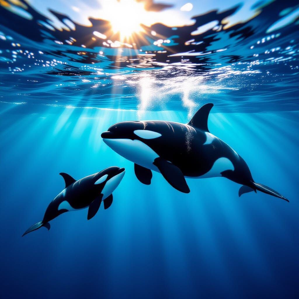 Mother and Baby Orca Swim in Deep Blue Ocean