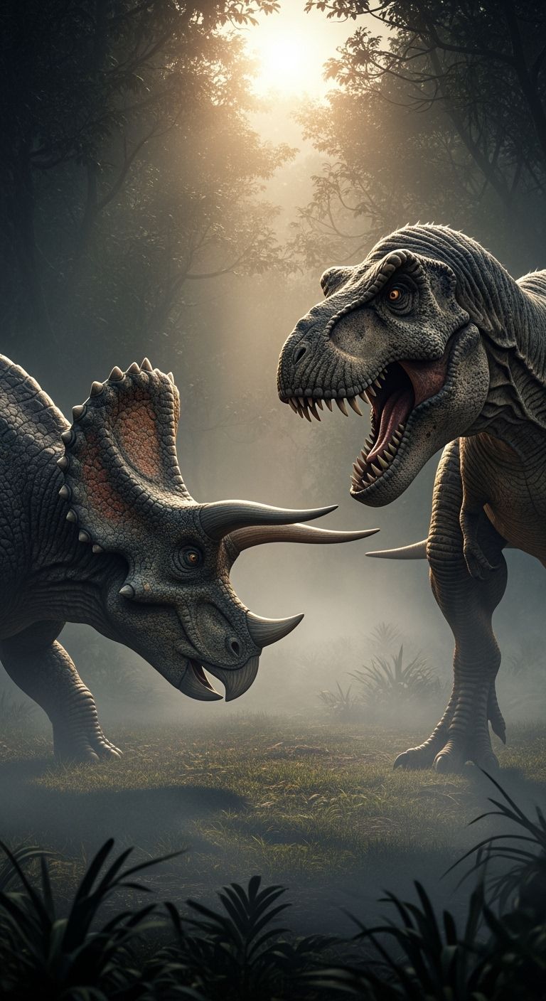 T-Rex vs Triceratops Standoff in Misty Jungle