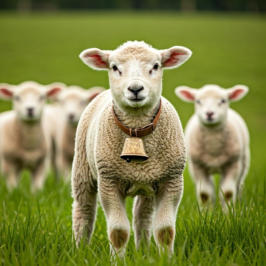 Nervous Lamb in Meadow, Whimsical Pastoral Style