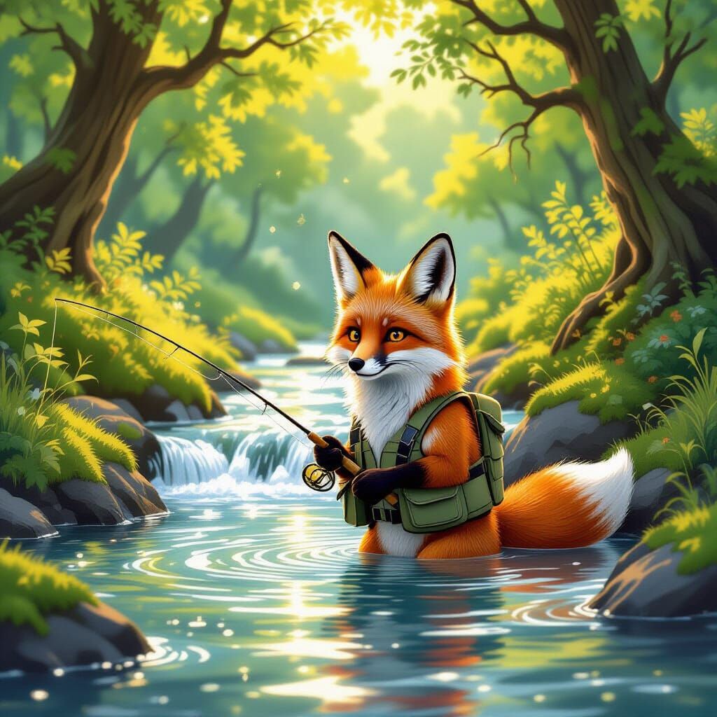 Whimsical Fox Fly Fishing in Sun-Dappled Forest