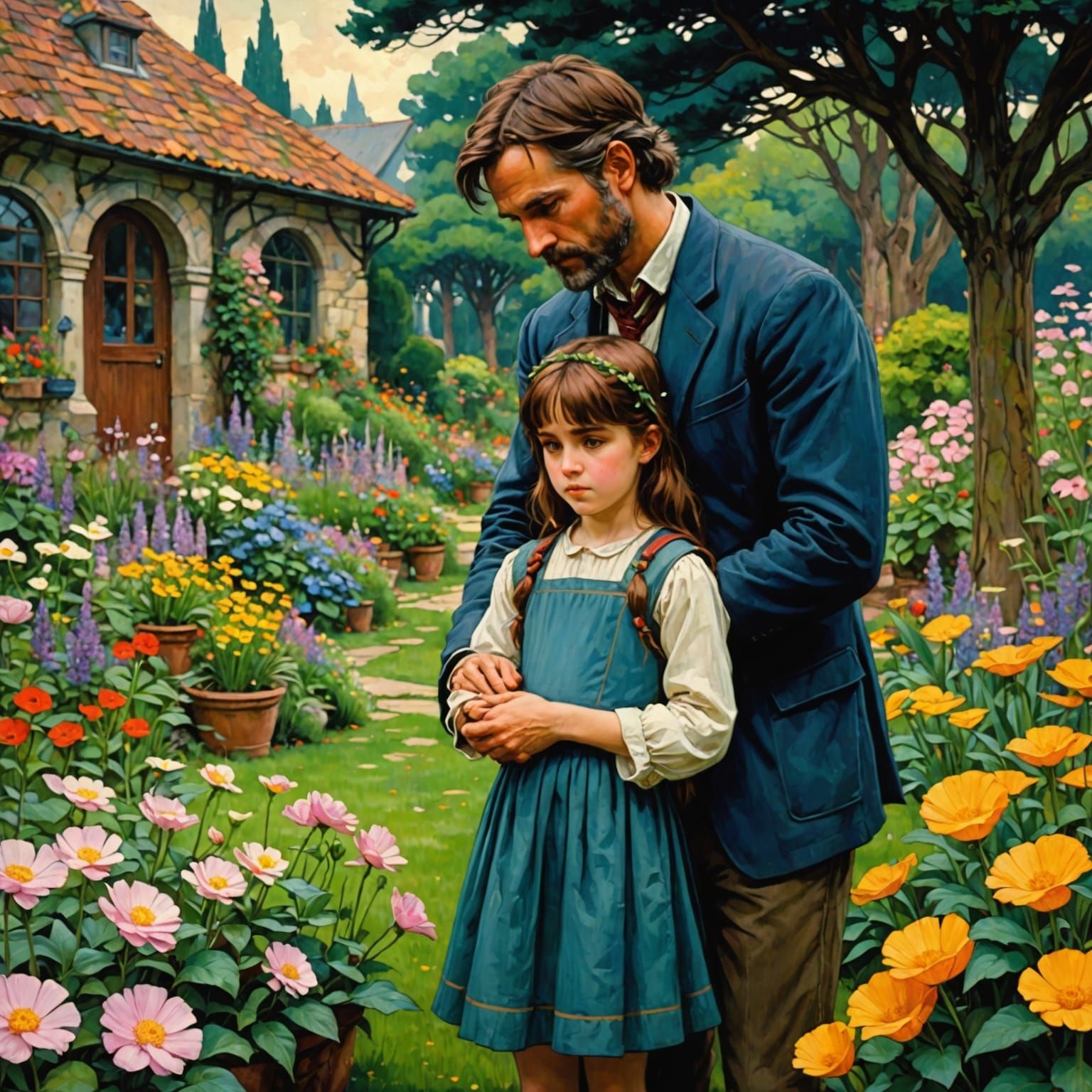 Father and Daughter in a Vibrant Garden Scene