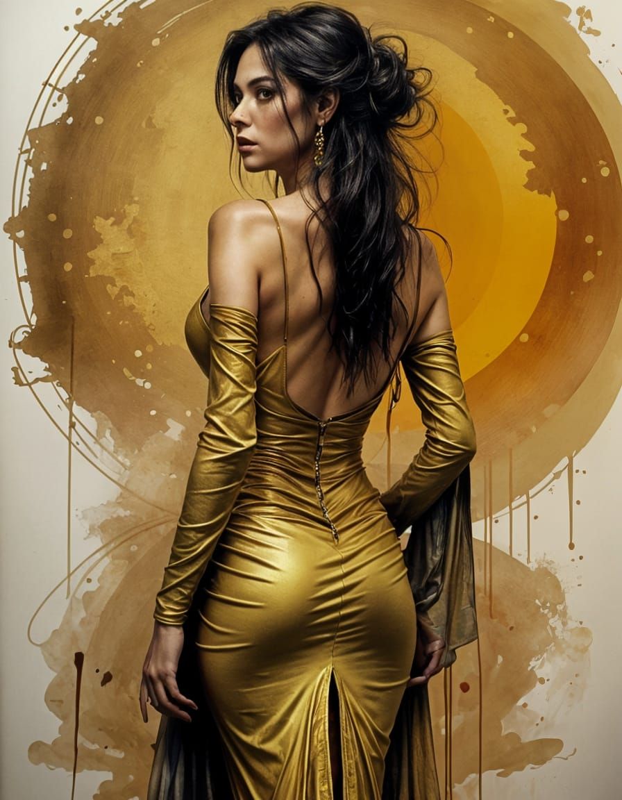 Brunette in Flowing Dress with Ink Wash Effect