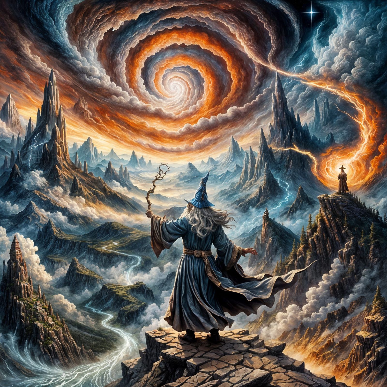 Wizard Conjures Whirlwind on Mountain Top