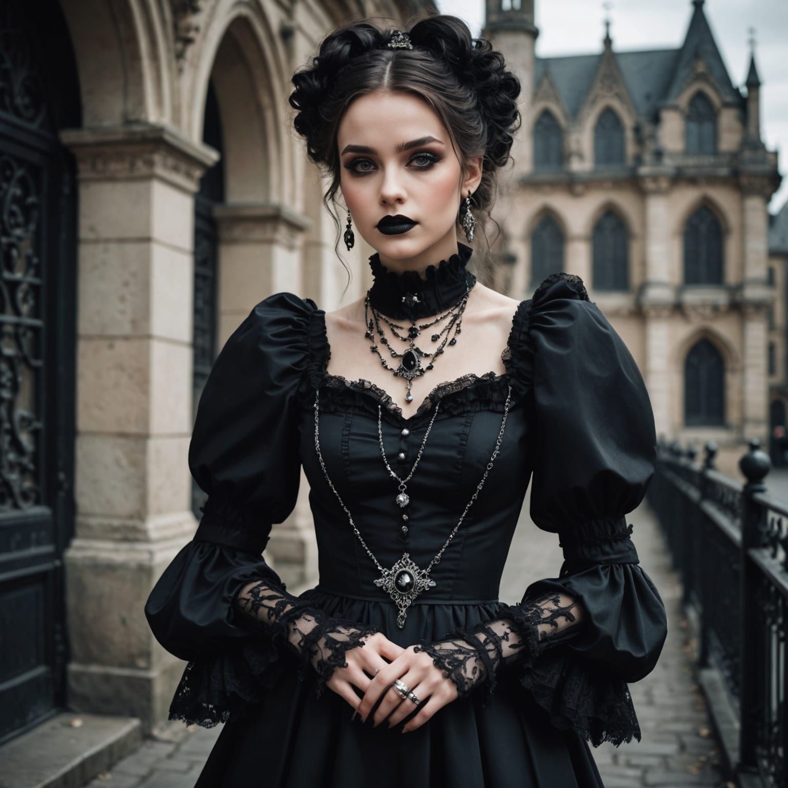 Young Woman in Gothic Black Dress with Umbrella