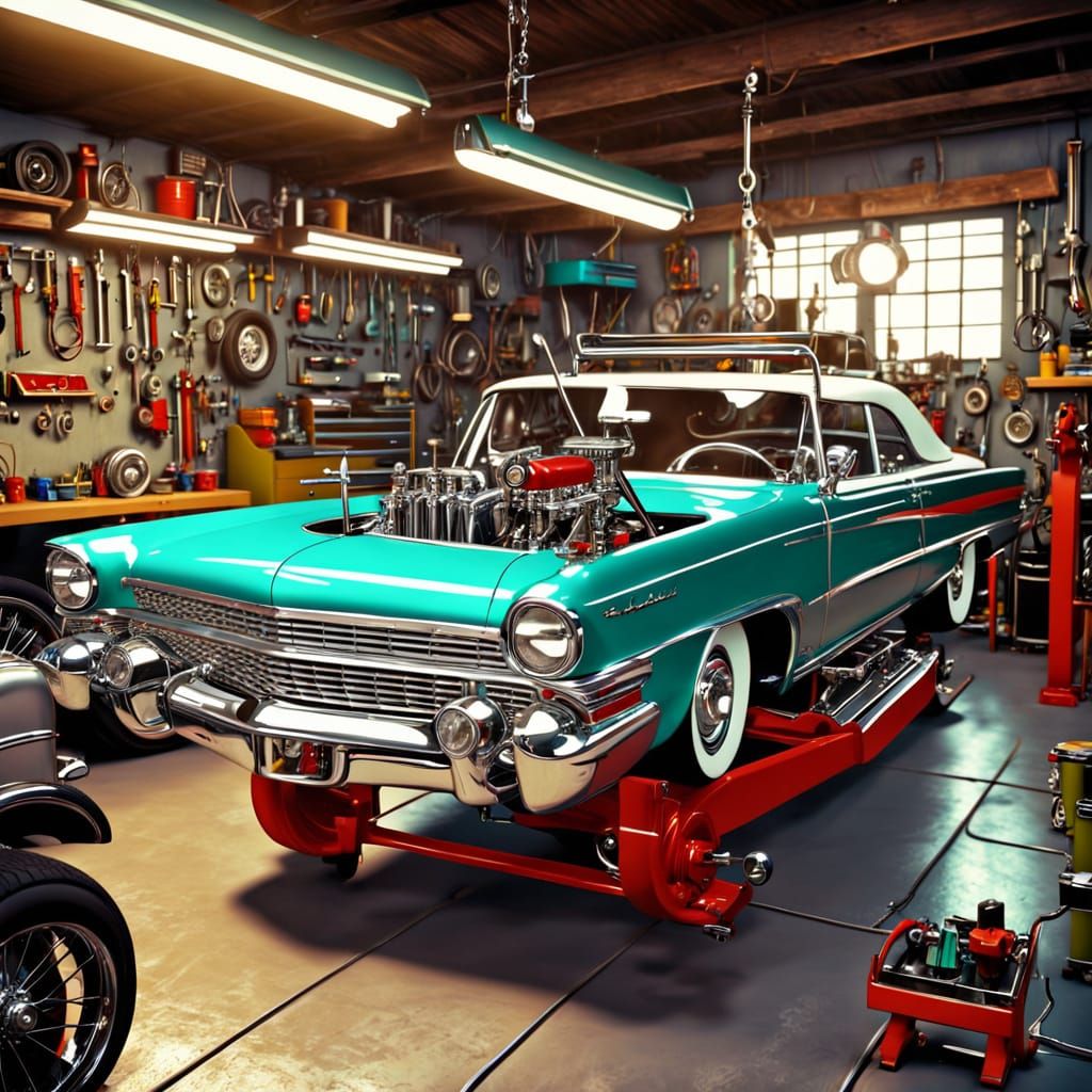 Retro Lowrider Garage Workshop in Vibrant Colors