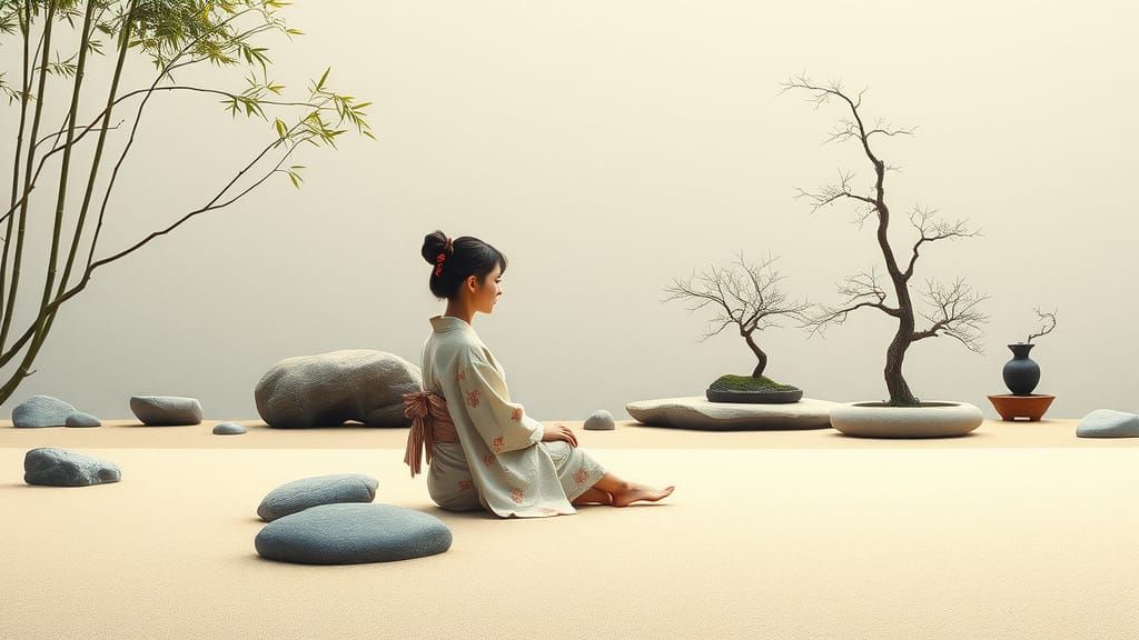 Serene Woman in Minimalist Zen Garden