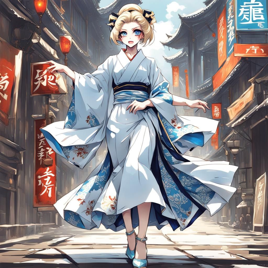 Anime Geisha with Blue Eyes in Greg Rutkowski Style