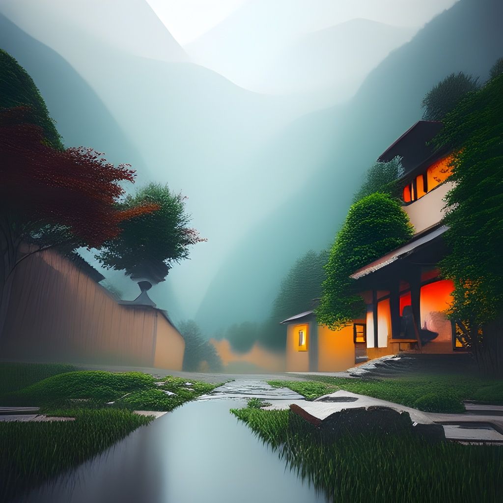 Misty Himalayan Village in the Rain