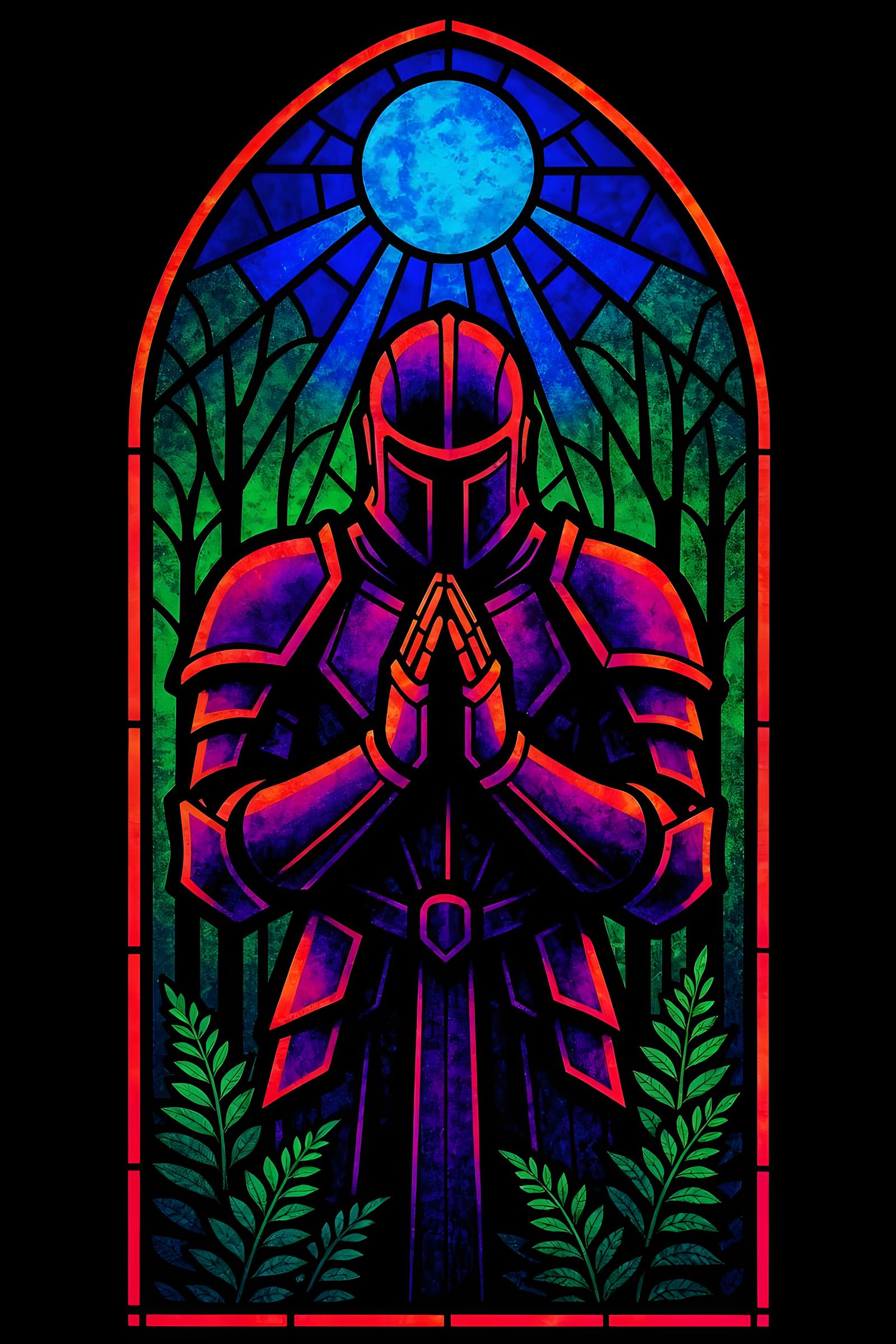 Cyber Knight Prayer in Gothic Stained Glass