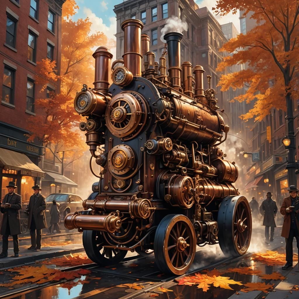 Steampunk Engine Amidst Autumn in New York