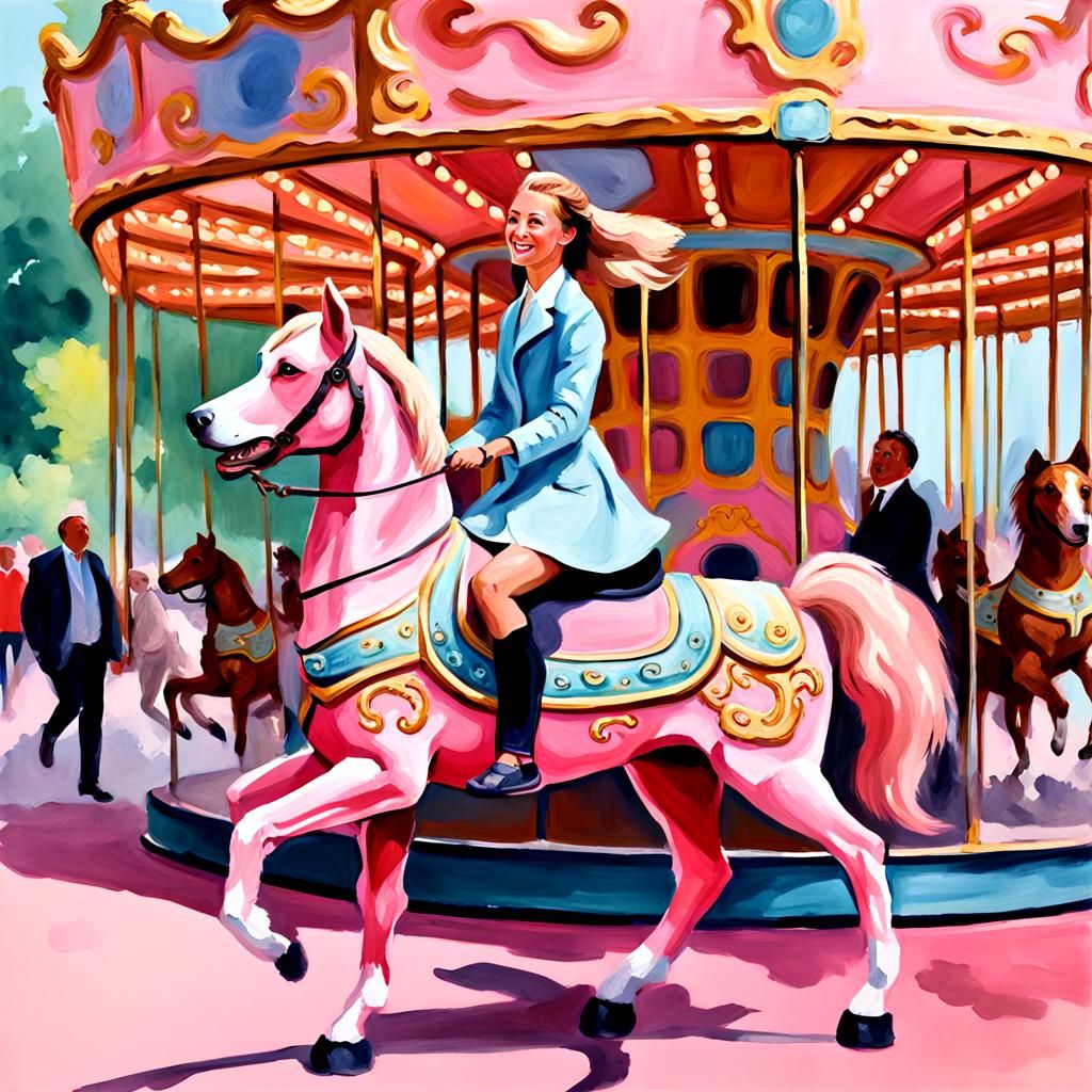 Pink Dog Rides Carousel Horse in Gouache Style