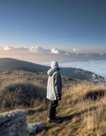 Worn Figure on Mountain in Ansel Adams Style