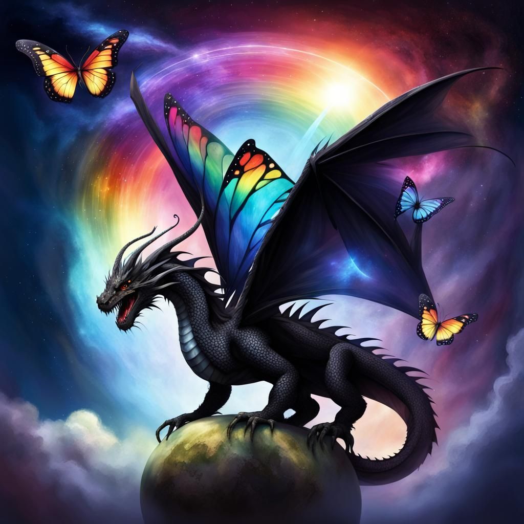 Black Dragon with Butterfly Wings in Fantasy Sky
