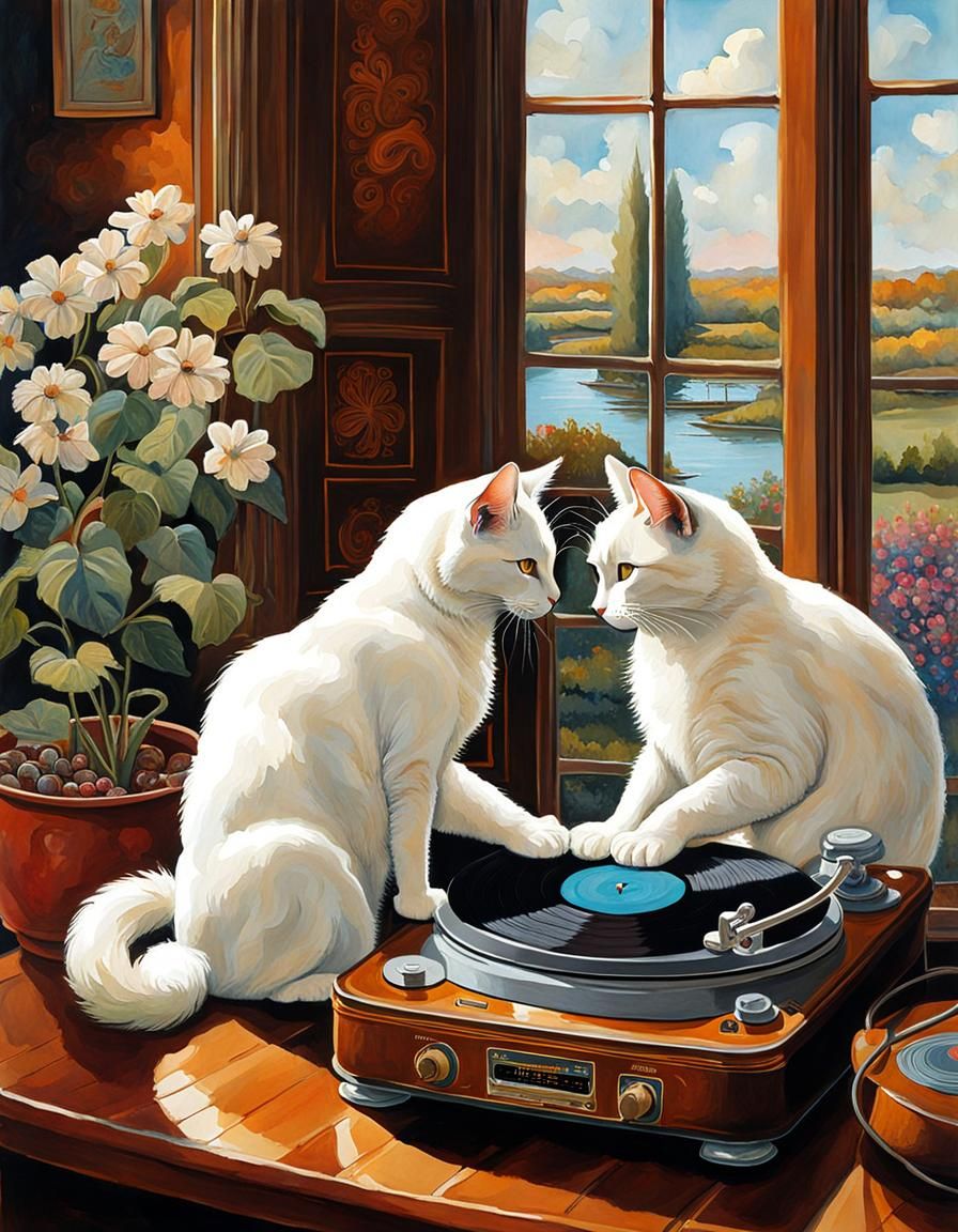 Cats Listening to Music in Acrylic Watercolor