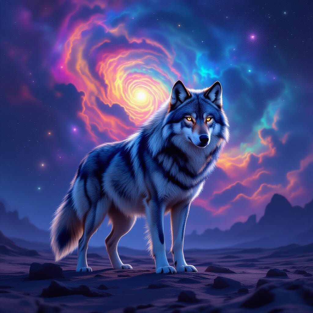 Cosmic Wolf Nebula Standing on Alien Planet