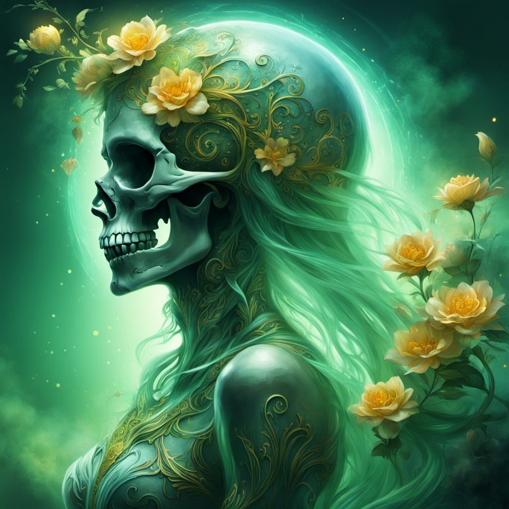 Ethereal Skull Woman With Glowing Floral Ornamentation