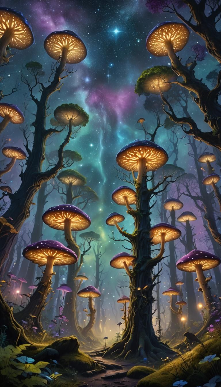 Mystical Forest with Glowing Mushrooms Under Starry Sky