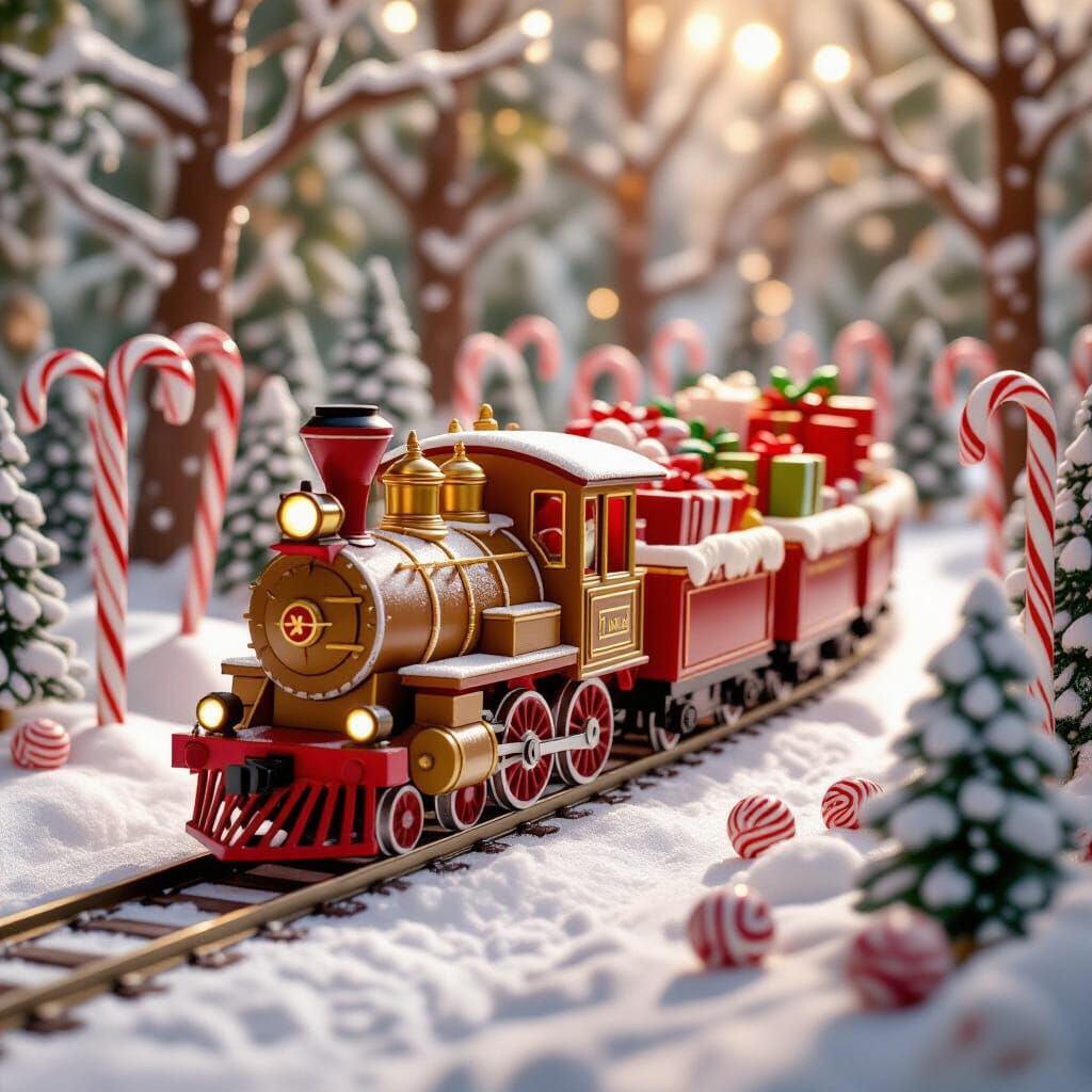 Gingerbread Train in Candy Forest, Photorealistic Style