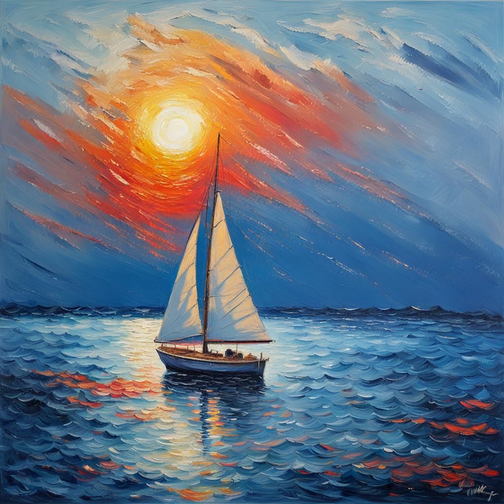 Scarlet Sunset: Impressionist Oil Painting of Sailboat
