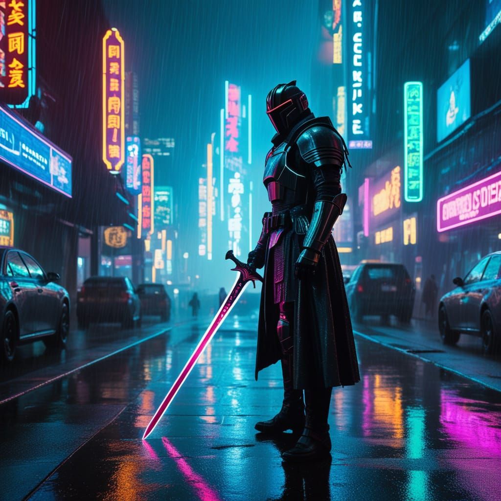 Cybernetic Knight in Neon Cityscape with Glowing Sword