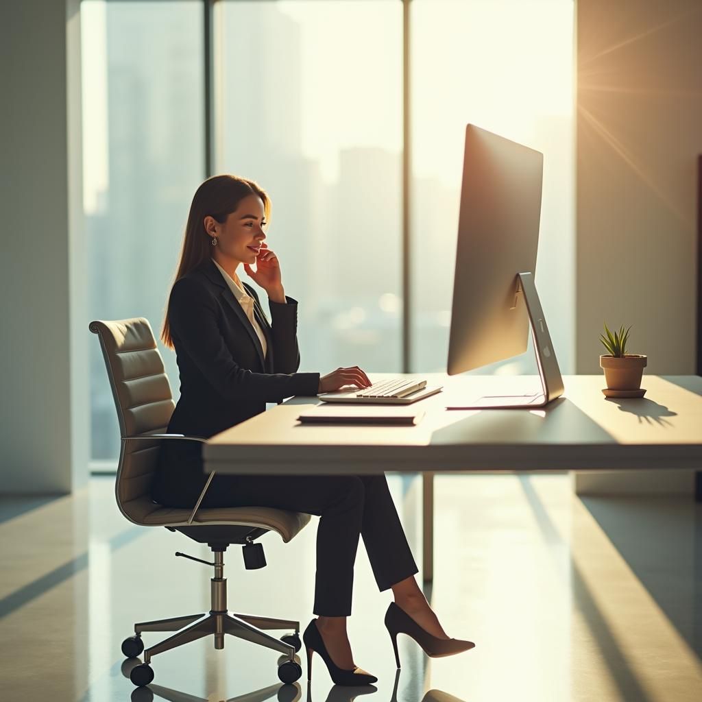 Businesswoman at Desk in Modern Office, Digital Art