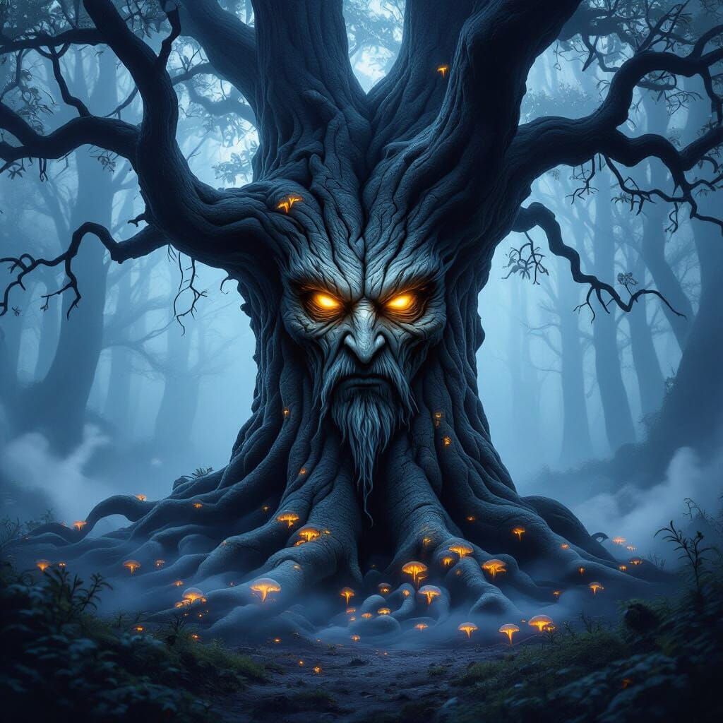 Ancient Tree Face in Misty Dreamlike Forest