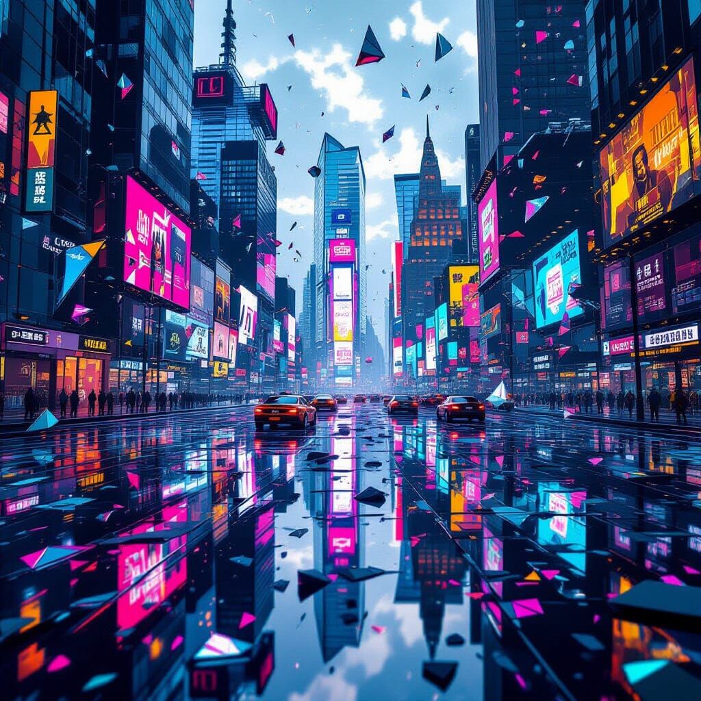 Cyberpunk Cityscape Reflected in Kaleidoscope Shards