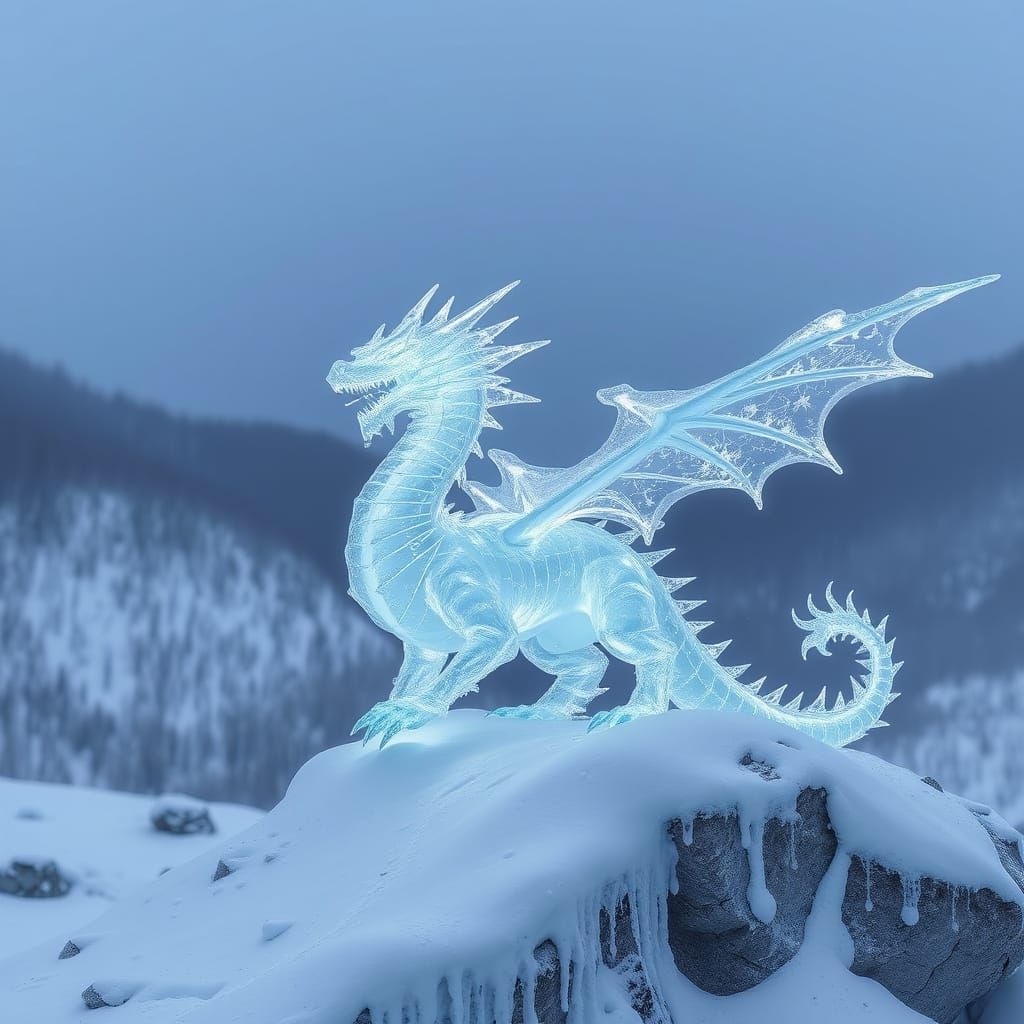 Majestic Ice Dragon in Winter Landscape