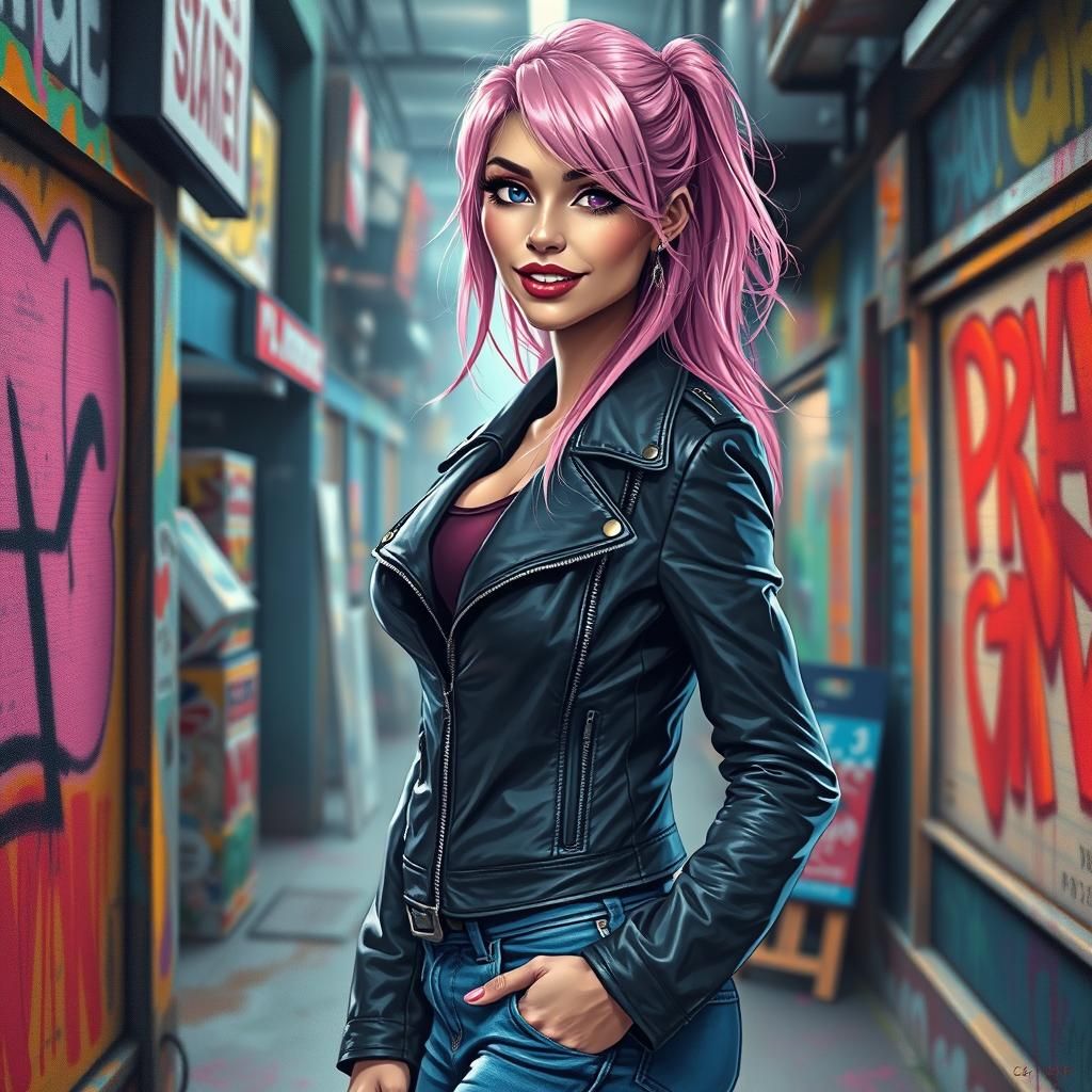 Pink-Haired Woman in Underworld Market: Graffiti Art