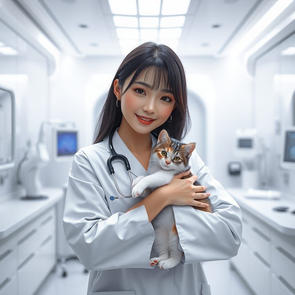 Doctor Woman Hugs Cat in Futuristic Lab, Anime Art