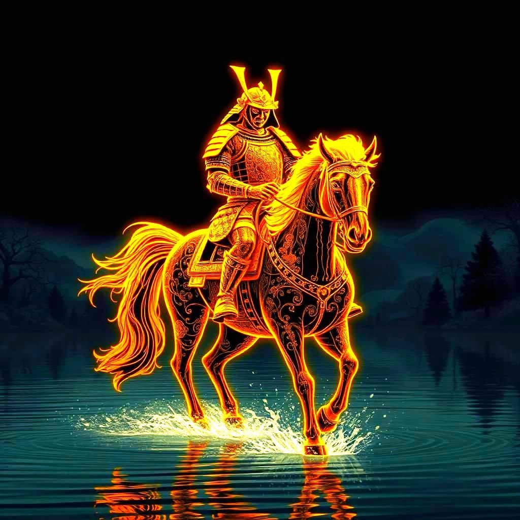 Bioluminescent Samurai on Horseback in Gold