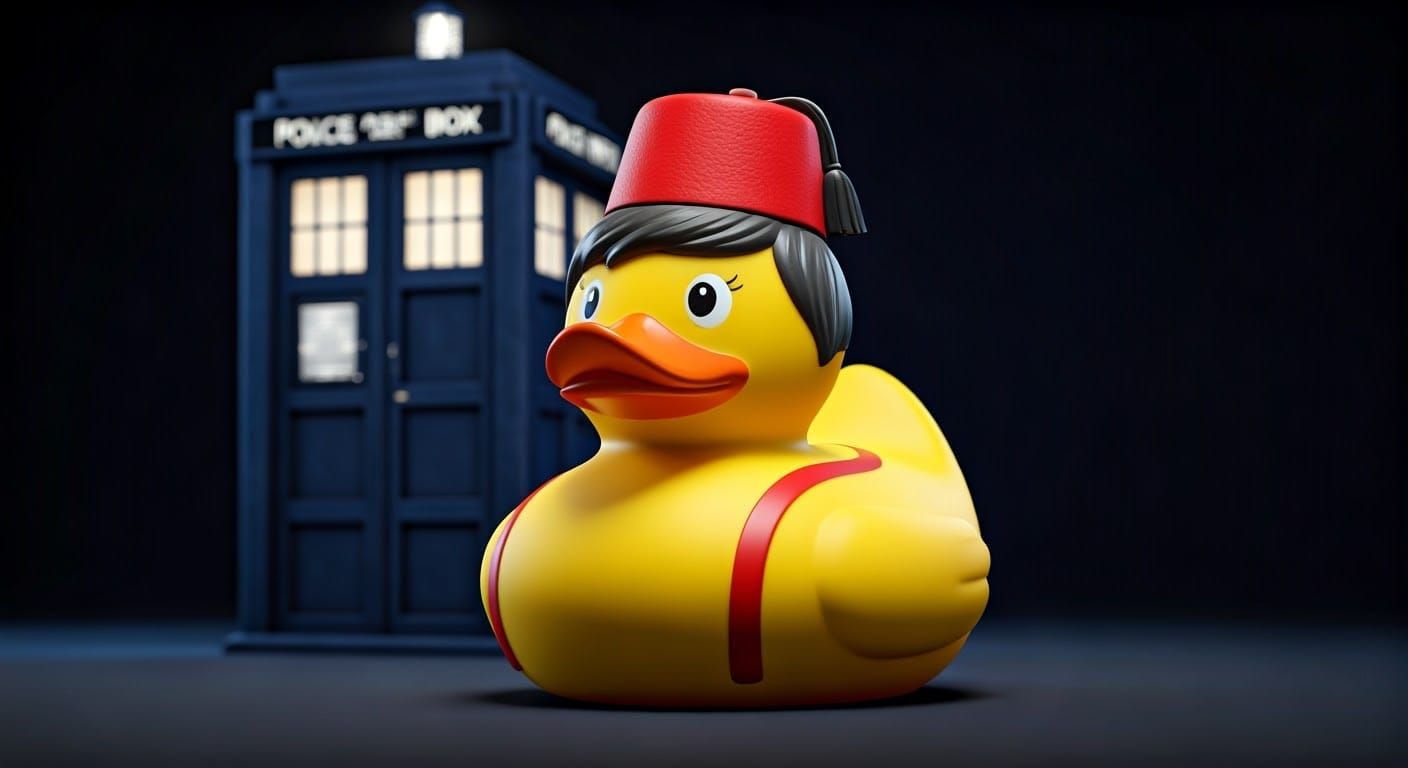 Time-Traveling Rubber Duck in Cyberpunk Style
