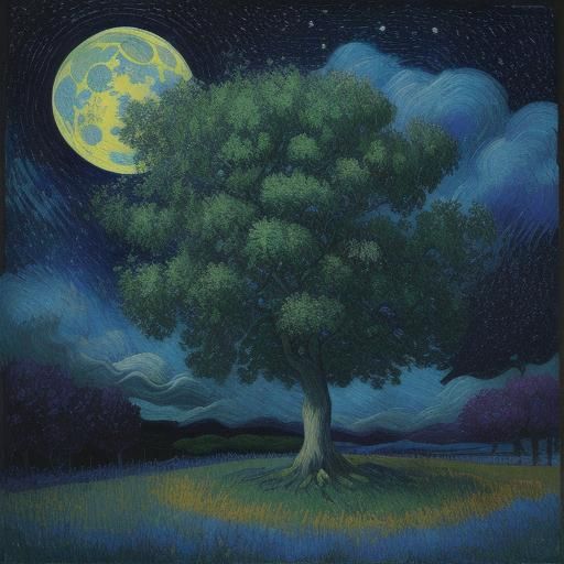 Tree of Life Under Moon in Neo-Impressionist Style