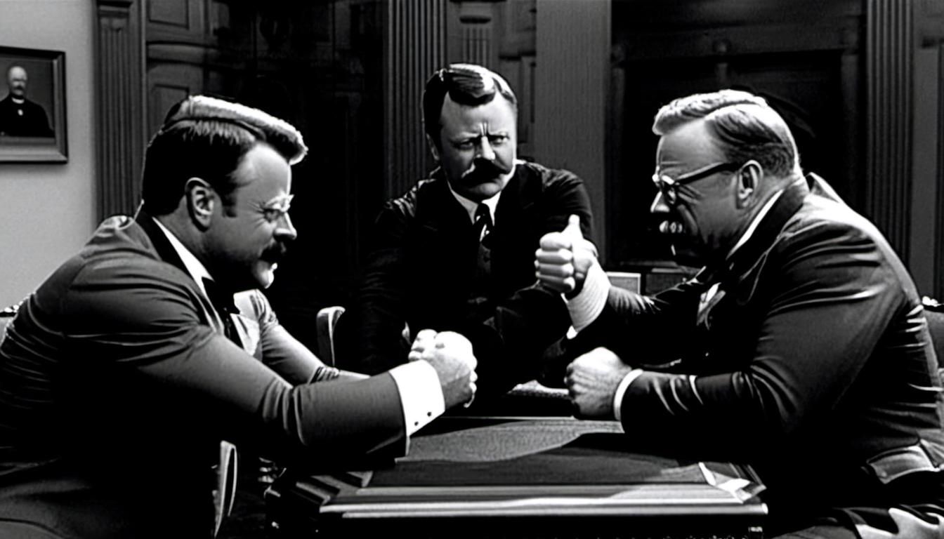 President Teddy Roosevelt arm wrestling Nick Offerman