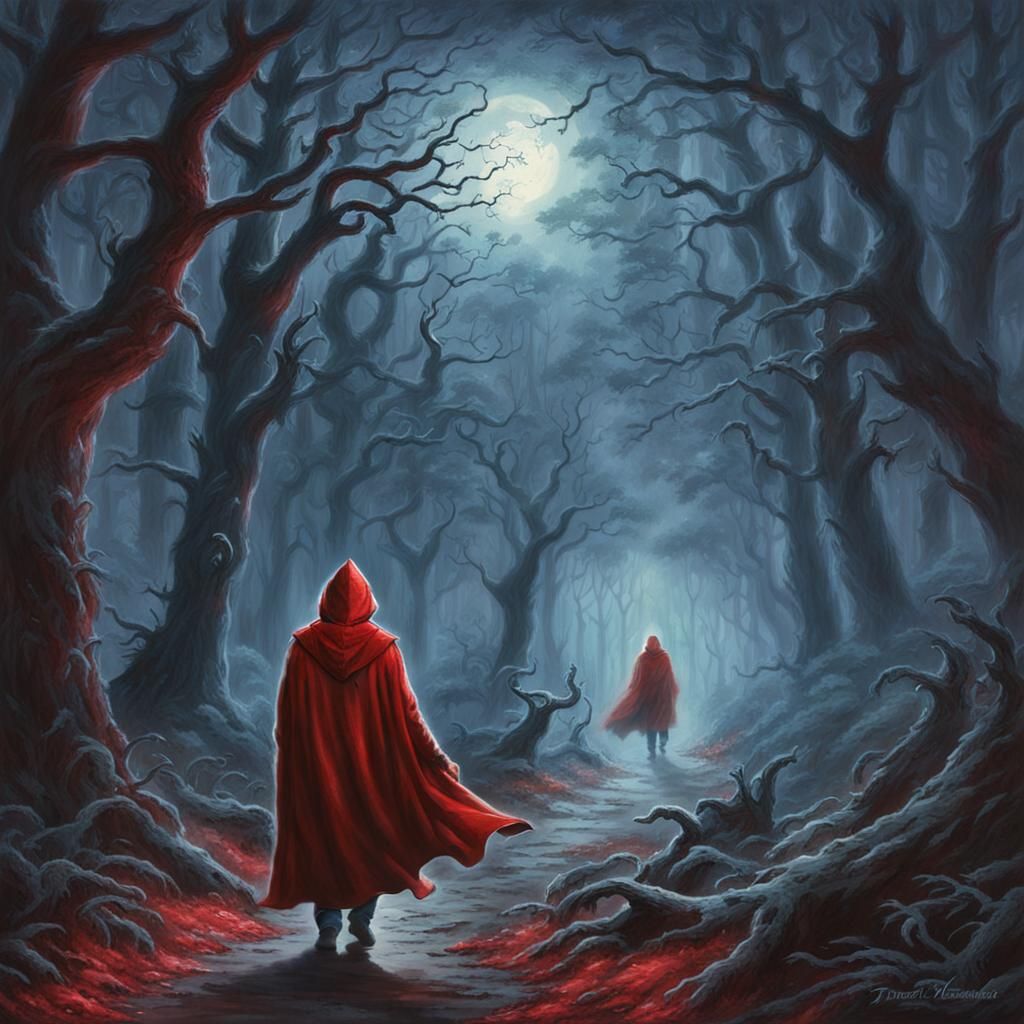 Red Hooded Figure in Forest Pursued by Werewolf