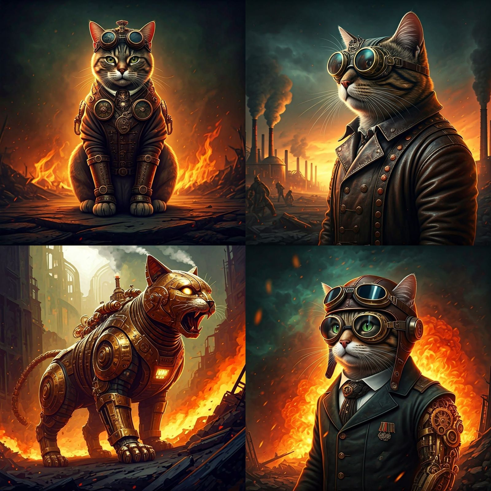 Steampunk Cat in Fiery War: Hyperrealistic Splash Art