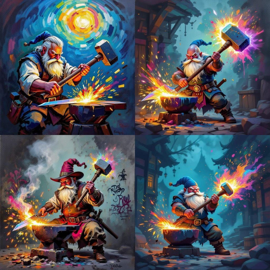 Dwarf Blacksmith Forging Magical Sword with Glowing Hammer