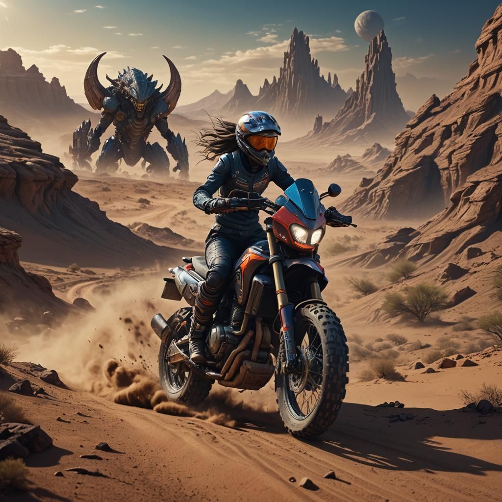 Futuristic Desert Motorcycle Chase: Digital Matte Painting