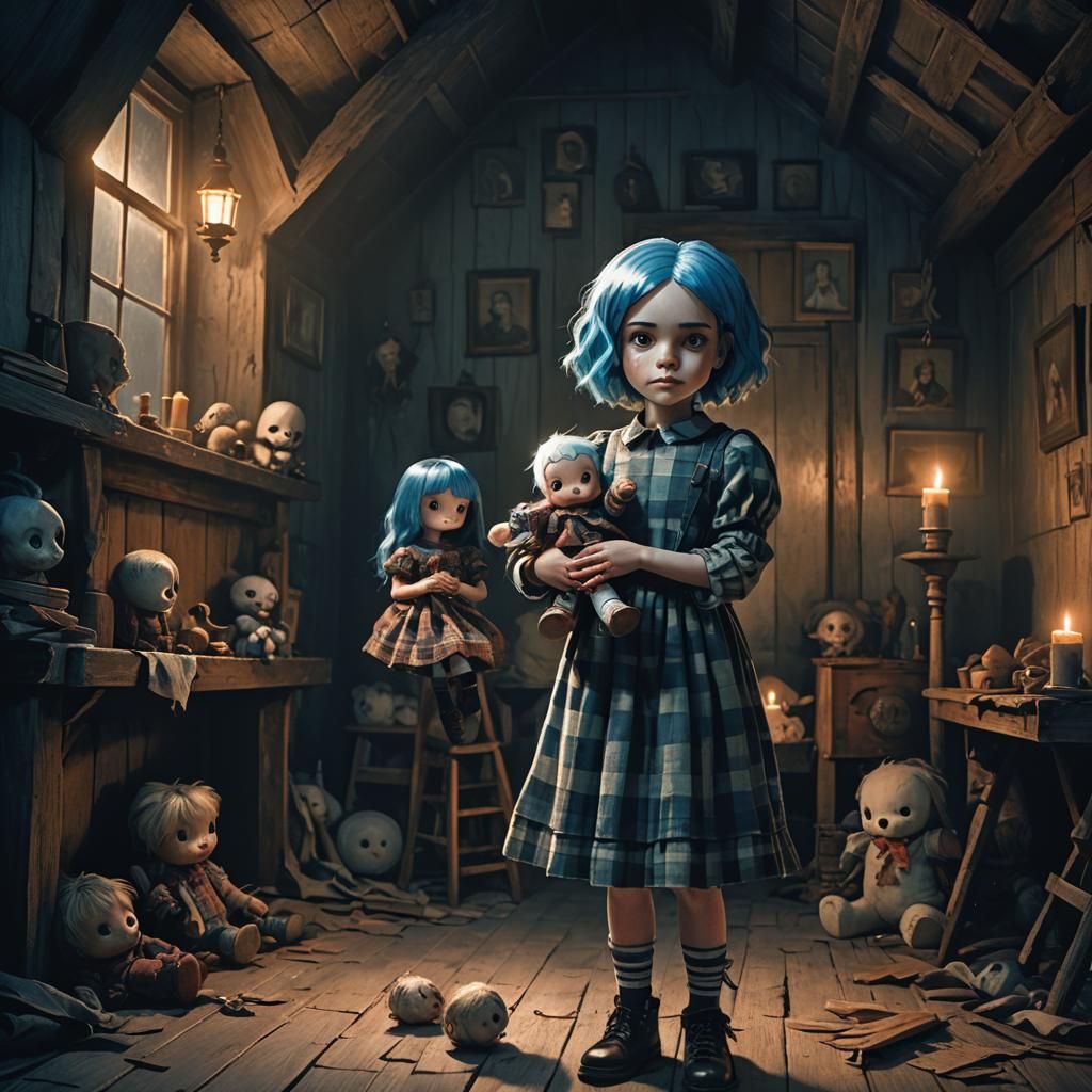 Eerie Dark Fantasy Girl With Doll in Attic
