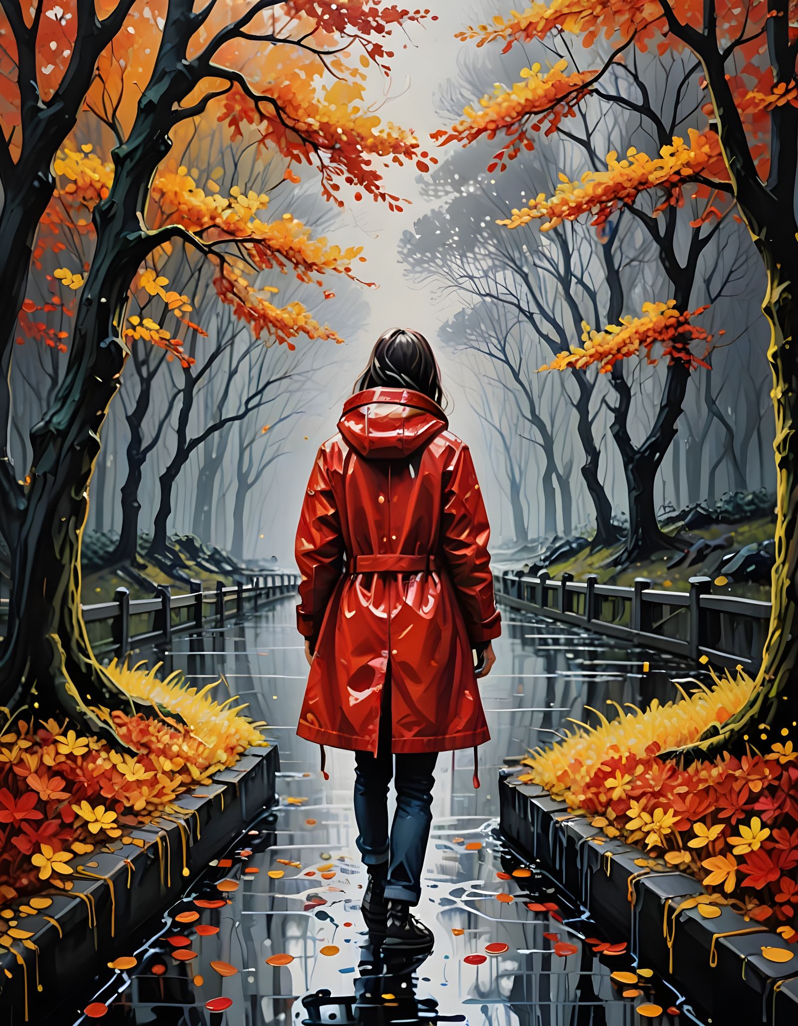 Sad Woman in Red Jacket on Rainy Autumn Day